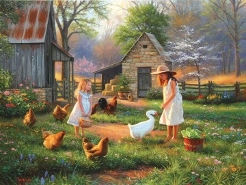 Mascotas y niños Painting - Chicas con gallina ganso en la noche pet kids